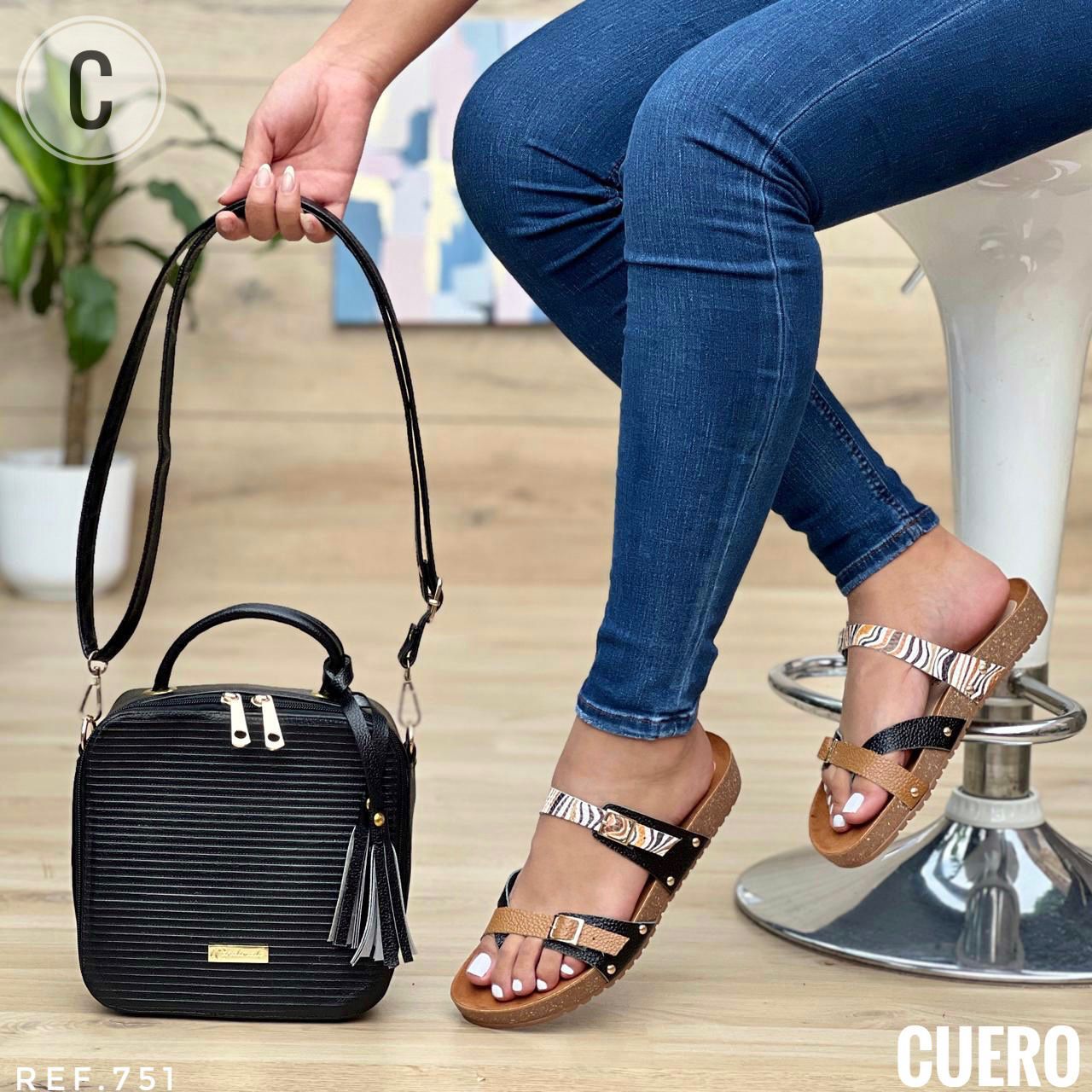 Combo Cuero Sandalias Canoas + Bolso