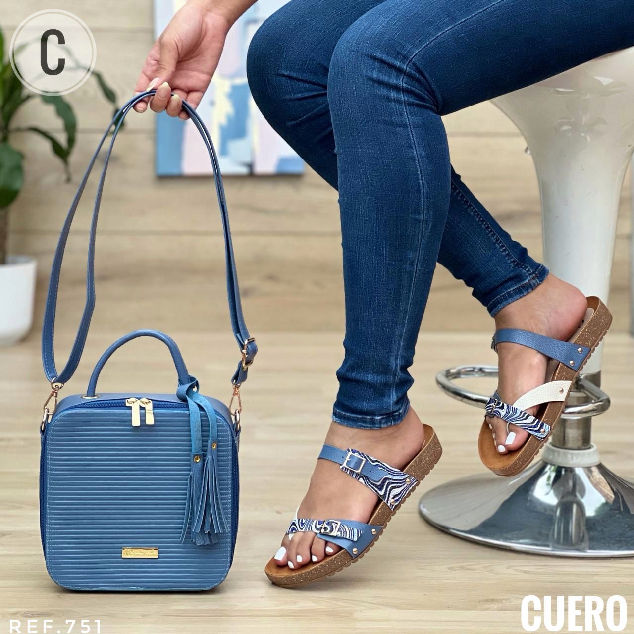 Combo Cuero Sandalias Canoas + Bolso